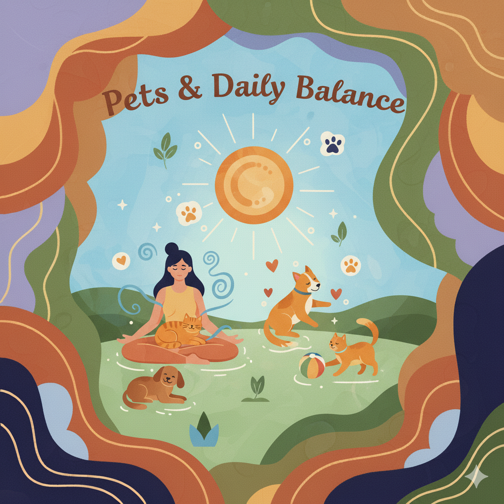 Pets & Daily Balance artwork featuring a calm dog and cat surrounded by soft natural tones and flowing shapes, representing wellness and balance for pets. Part of The CBD Store’s product collections.