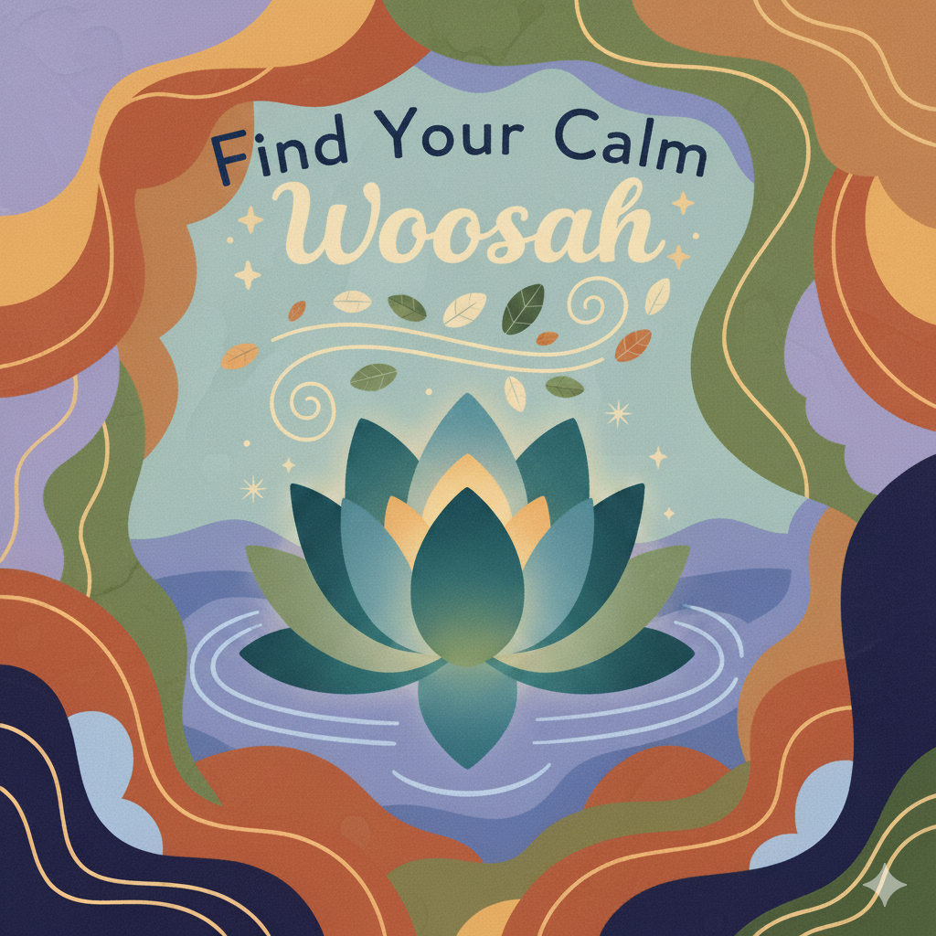 Find Your Calm Woosah collection artwork featuring a lotus flower surrounded by flowing earth-tone patterns, symbolizing balance and relaxation. Part of The CBD Store’s botanical wellness line.