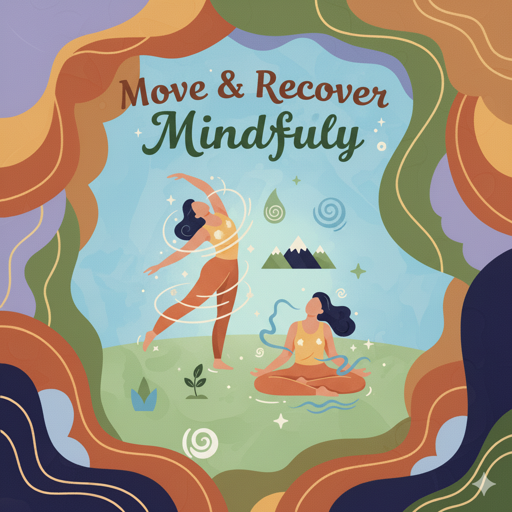 Move & Recover Mindfully artwork showing two women in yoga and meditation poses surrounded by nature and swirling energy, symbolizing balance, recovery, and movement. Part of The CBD Store’s wellness collections.