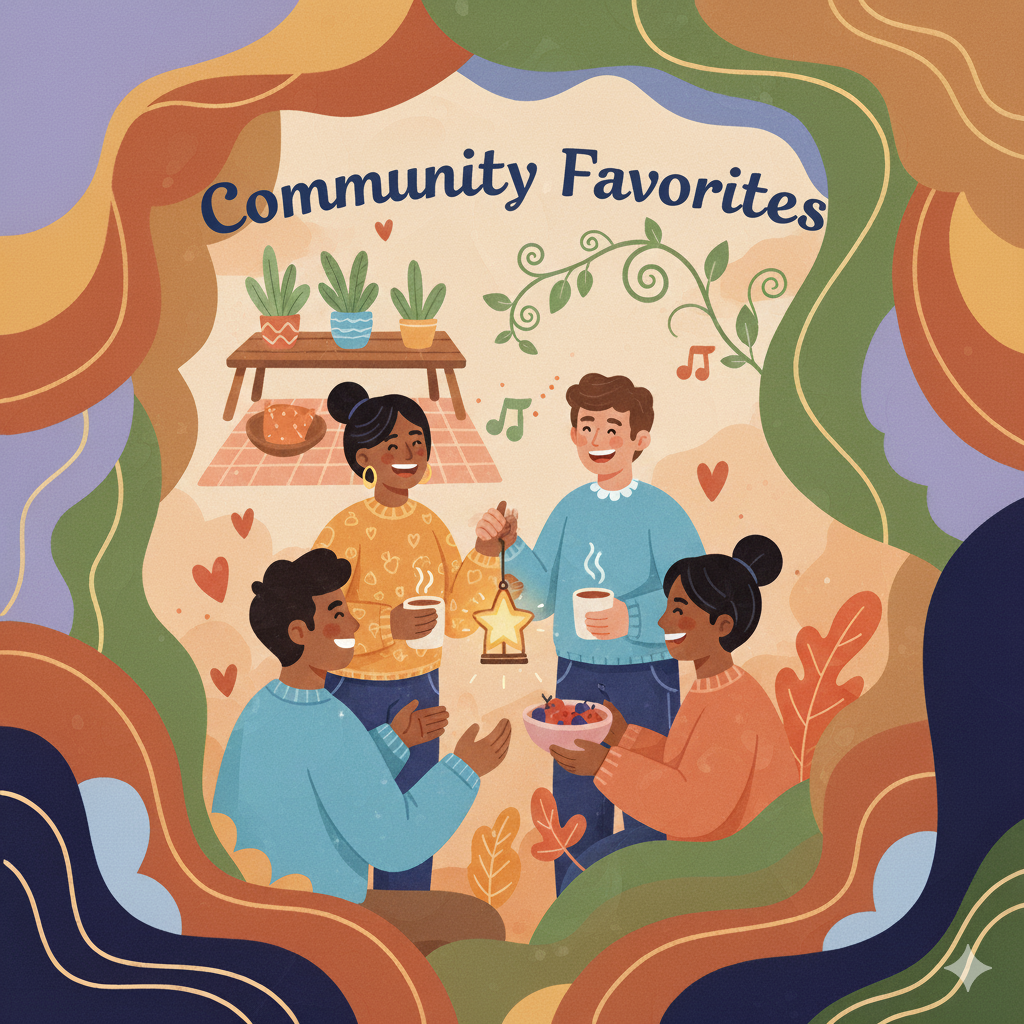 Community Favorites artwork showing a diverse group of friends sharing coffee and laughter in a cozy space surrounded by plants and warm colors, symbolizing connection and community at The CBD Store.
