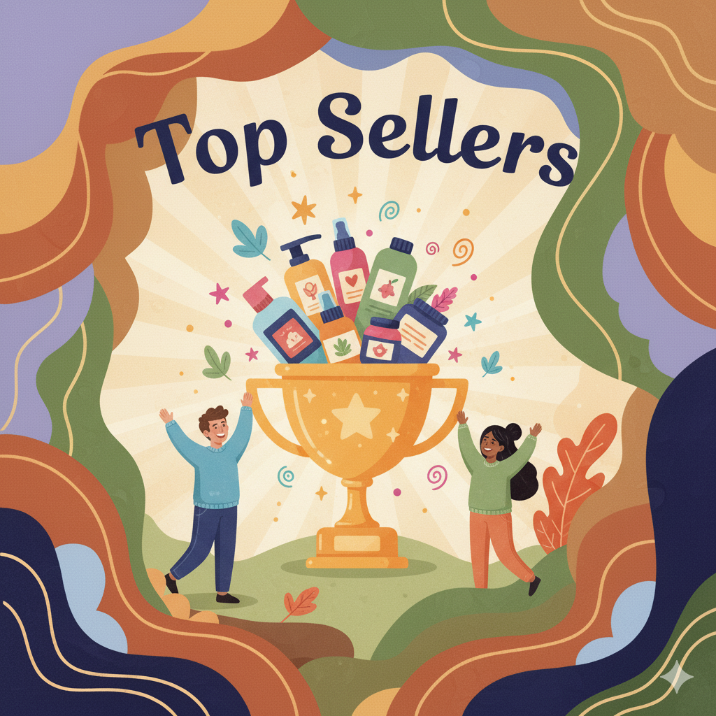 Top Sellers artwork showing a large golden trophy filled with wellness products surrounded by confetti, stars, and happy customers, symbolizing The CBD Store’s best-selling favorites.