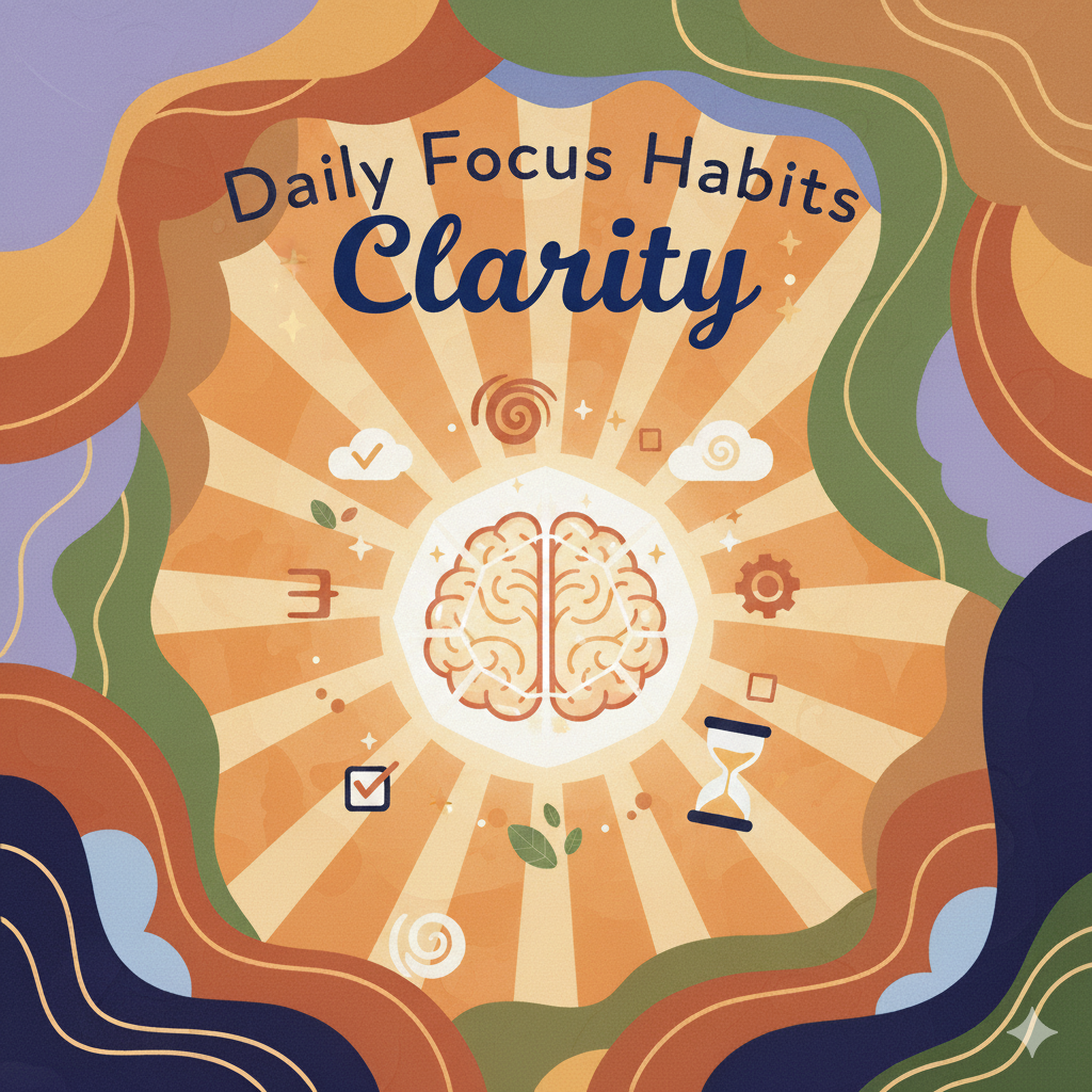 Daily Focus Habits Clarity artwork showing a glowing brain surrounded by icons of focus and productivity, radiating light and balance in warm earthy colors. Part of The CBD Store’s botanical wellness collections.