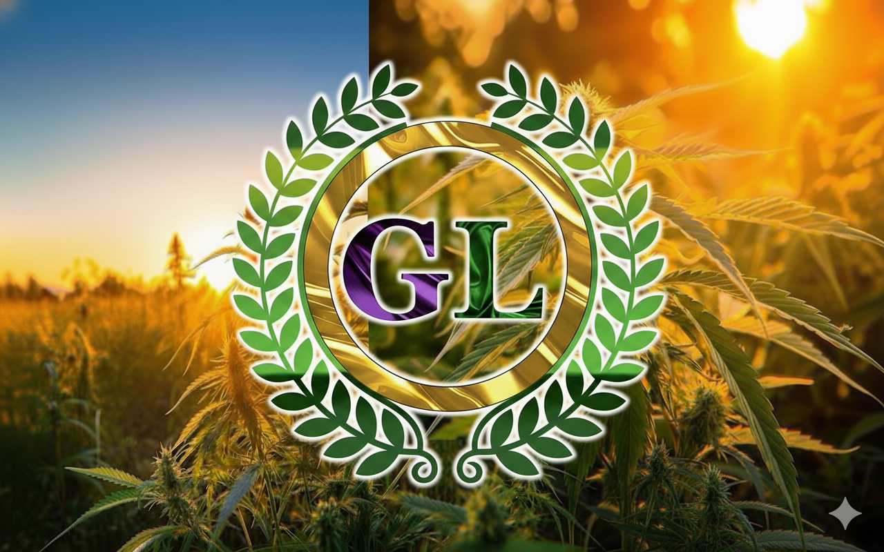GoodLeaf Hemp Therapeutics logo featuring the letters GL in purple and green within a golden laurel wreath overlaying a vibrant hemp field at sunrise, symbolizing natural quality and balance.