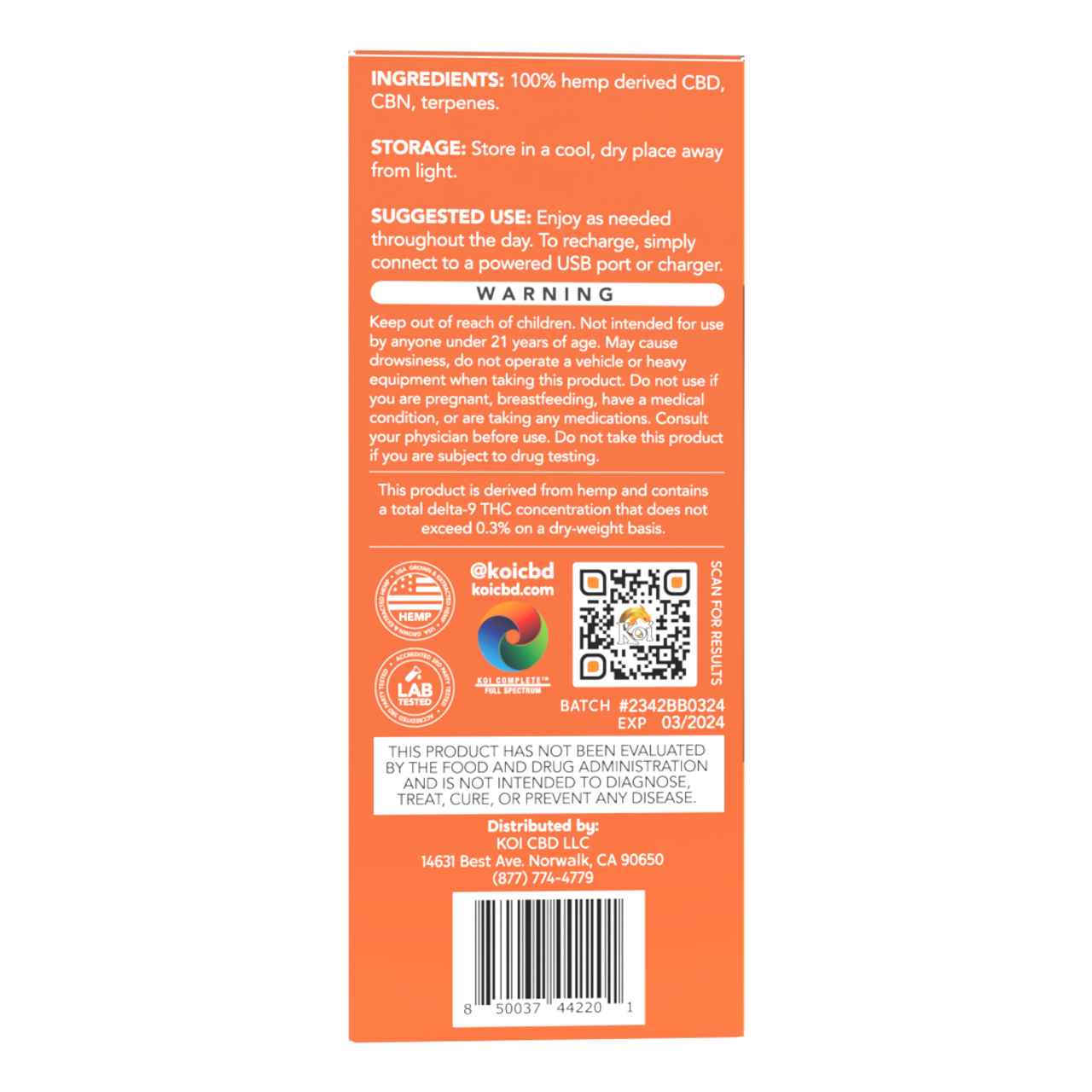 Koi Full-Spectrum CBD + CBN Disposable Vape Bar – 2 g, Papaya Twist (Indica)