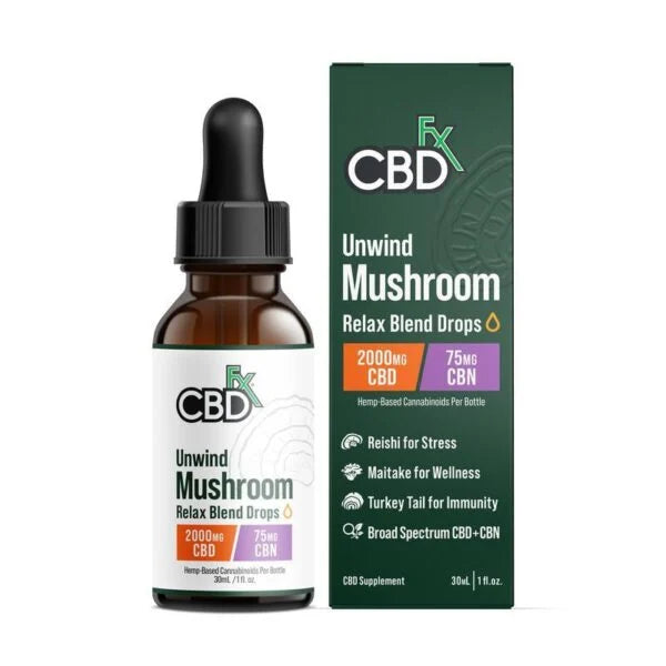 CBDfx Unwind Mushroom Relax Drops – CBD + CBN + Reishi | 1000mg to 4000mg
