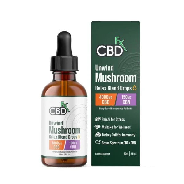 CBDfx Unwind Mushroom Relax Drops – CBD + CBN + Reishi | 1000mg to 4000mg